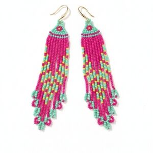 Vibrant Pink and Green Beaded Tassel Earrings